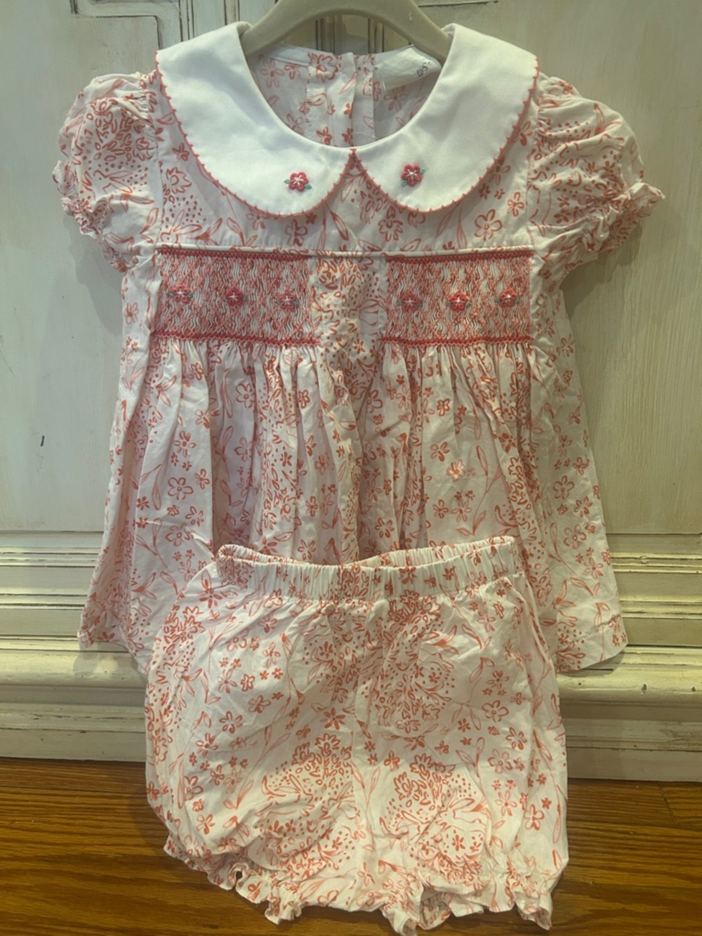 Girls' Pink Floral Smocked Set with Peter Pan Collar